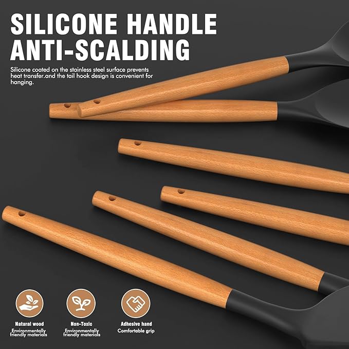 Silicone Cooking Utensils Set - AVGPD Silicone Kitchen Utensils for Cooking Wooden Handles, 446°F Heat Resistant Kitchen Utensil Spatula Sets, Gadgets for Non-Stick Cookware BPA FREE (Black)