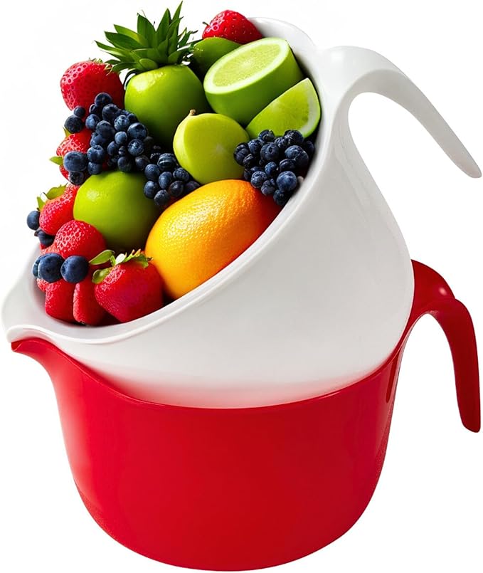 Large Mixing Bowls with Handles 3.6 qt - 2 Pc Plastic Nesting Bowls for Kitchen, Lightweight Batter Bowls, Easy to Clean + 5 Measuring Spoons Set