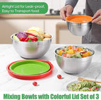 P&P CHEF Multicolor Mixing Bowls with Lids, Set of 3, Stainless Steel Salad Nesting Bowl for Mixing, Storing, Prepping, Airtight & Stackable, Size 4.6/3 /1.5 QT