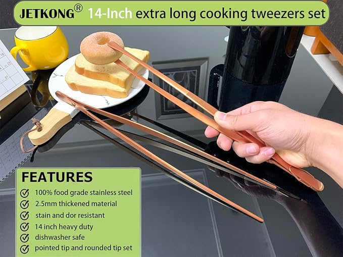 JETKONG 2 Pcs 14-Inch Kitchen Tweezers Extra Long Cooking Tweezer Tongs Stainless Steel Long Food Tweezers (Rose Gold)