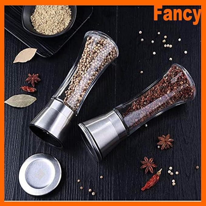 Salt and Pepper Grinder Tall Size - Black Pepper,Herb Shakers Mill Refillable Manual - Stainless Steel Lid - Adjustable Coarseness - Glass Material- Fits in Home,Kitchen,Barbecue