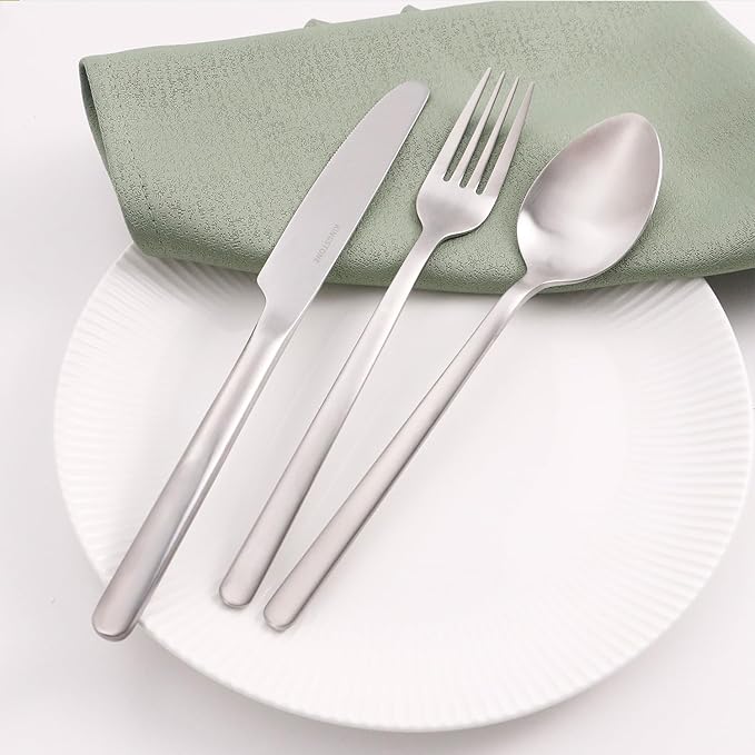 KINGSTONE Silverware Set, 20 Piece Flatware Cutlery Set for 4, 18/10 Stainless Steel Silverware Mirror Polished Dishwasher Safe for Home, Restaurant, Wedding, Party, Matte Silver