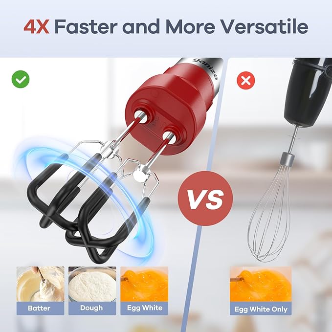 Ganiza Immersion Blender Handheld, 6 in 1 Hand Blender Stainless Steel Blade, 15 Speed Stick Blenders, 800ml Mixing Beaker, 600ml Chopper, Whisk, Frother, Potato Masher, Red
