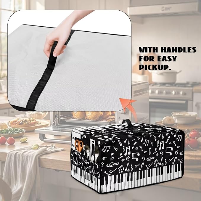 Piano Musical Notes Print Toaster Oven Dust-proof Cover, Heat-resistant Anti Fingerprint Microwave Oven Dust Cover, Kitchen Counter Accessory (Medium-16.1 * 19.71 * 10 inches)