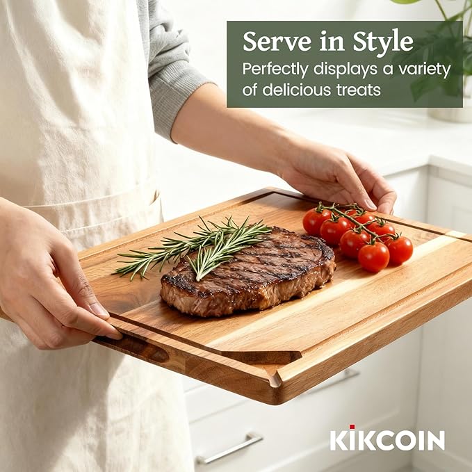 Kikcoin Acacia Wood Cutting Boards for Kitchen, Wooden Cutting Board, Chopping Board with Built-In Compartments and Juice Groove, Solid Charcuterie Board Serving Tray Wood Butcher Block, 17" x 11.8"