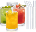 INSETLAN 17oz Ribbed Glassware Set of 4, Glass Cups Large Vintage Glassware Set, Origami Style Cocktail Glasses, Ideal for Beer, Juice, Water, Ice Coffee Cup, Whiskey