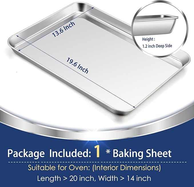P&P CHEF 19.6 Inch Baking Cookie Sheet, Oven Pan Tray Stainless Steel Sheet Pan for Kitchen, Oven Bakeware for Multi Uses, Shiny Look & Dishwasher Safe, Healthy & Heavy Duty, 1Pc