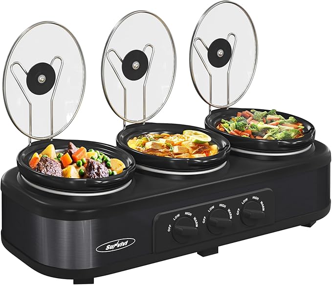 Sunvivi Triple Slow Cooker Buffet Servers and Warmer,3 Pot Food Small Mini Manual Slow Cooker with Adjustable Temp Stainless Steel Lid Rests,Removable Ceramic Pot, 3 * 1.5 Quarts Black