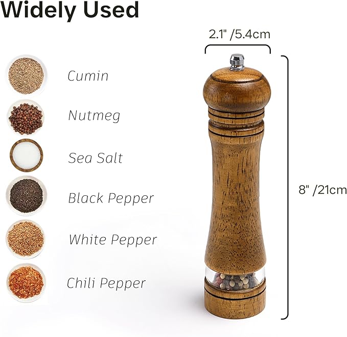 Wooden Salt and Pepper Grinder Set, Premium Oak Wood Salt Grinders Shakers, Pepper Mill with Acrylic Clear Window, Adjustable Ceramic Grinder - 8 inches, 2 Pack
