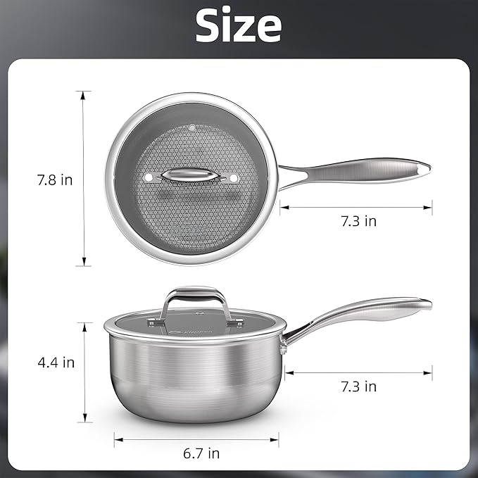 COOKER KING 3 Quart Stainless Steel Saucepan, Nonstick Sauce Pan, Ceramic Suce Pot with Tempered Glass Lid, Induction Pot Compatible with All Cooktops, Dishwasher & Oven Safe(PFAS/PFOA/PTFE Free)