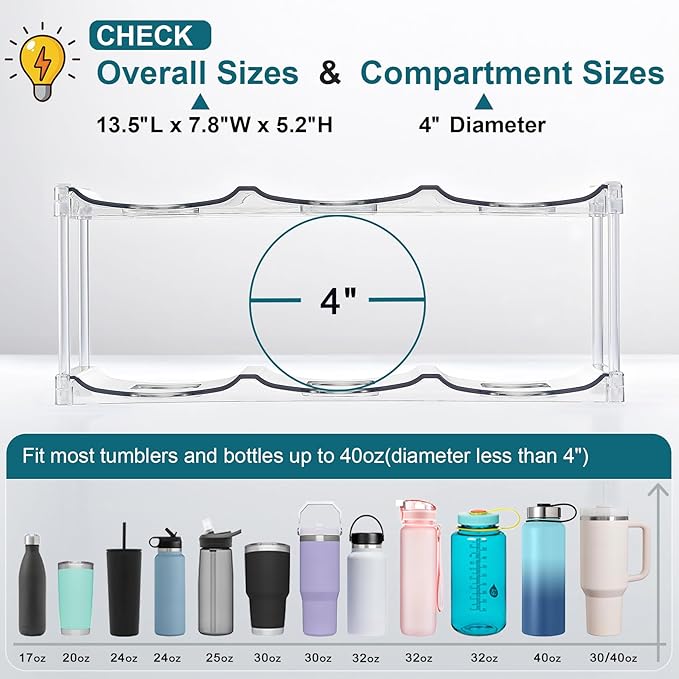 LARGER Compartment - Stackable Water Bottle Organizer Holder - for Stanley & Others' Large Tumbler - Clear Wine Rack, Cup Bottle Holder for Cabinet Home Countertop Fridge Pantry Shelf, 4 Tier Hold 12