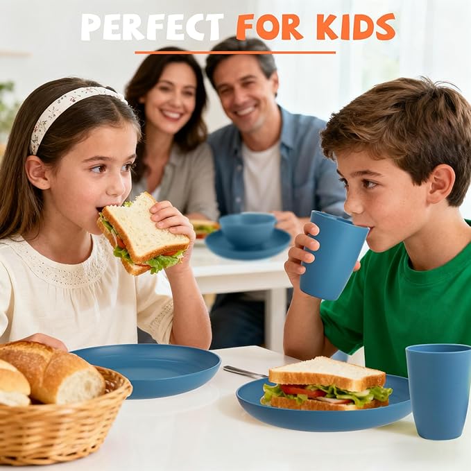 Wheat Straw Dinnerware Sets for 4, Reusable Plastic Dinner Plates, Unbreakable Kids Plates and Bowls Sets 20 PCS, Dishwasher & Microwave Safe Kitchen Camping Dorm Dish Sets- Blue