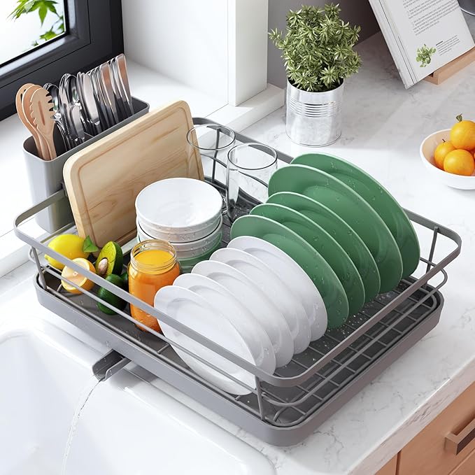 Kitsure Dish Drying Rack for Kitchen Counter, Stainless Steel Sink Organization and Storage Essentials with Cutlery Holder, Home and Appartment Decor, 12''W x 15.5''L, Grey
