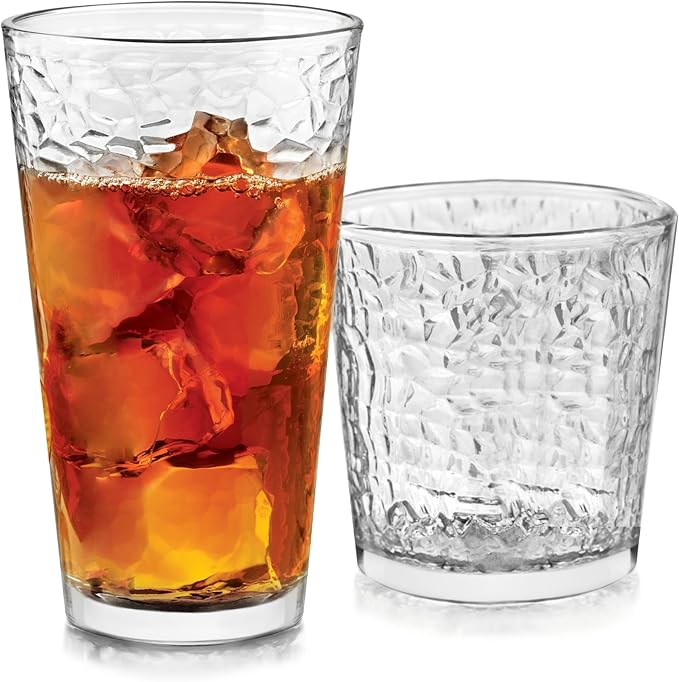 Libbey Yucatan Tumbler and Rock Drinking Glasses Set, Textured 16 Piece Glassware Set, All Purpose Glass Cups for Events and Everyday Use