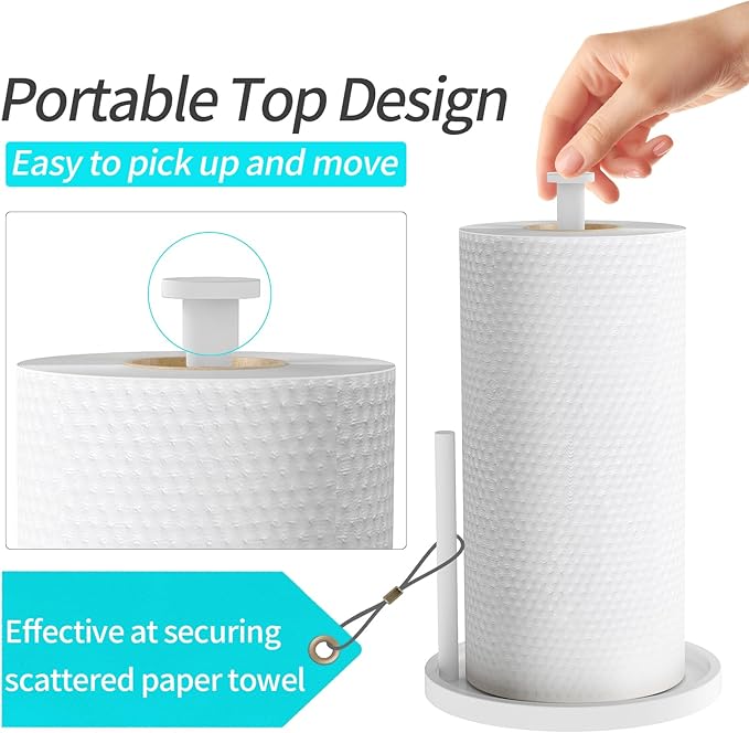 Paper Towel Holder Countertop, Standing Paper Roll Holder with Anti Slip Weighted Base, Stainless Steel Freestanding Paper Towel Holder for Kitchen, White