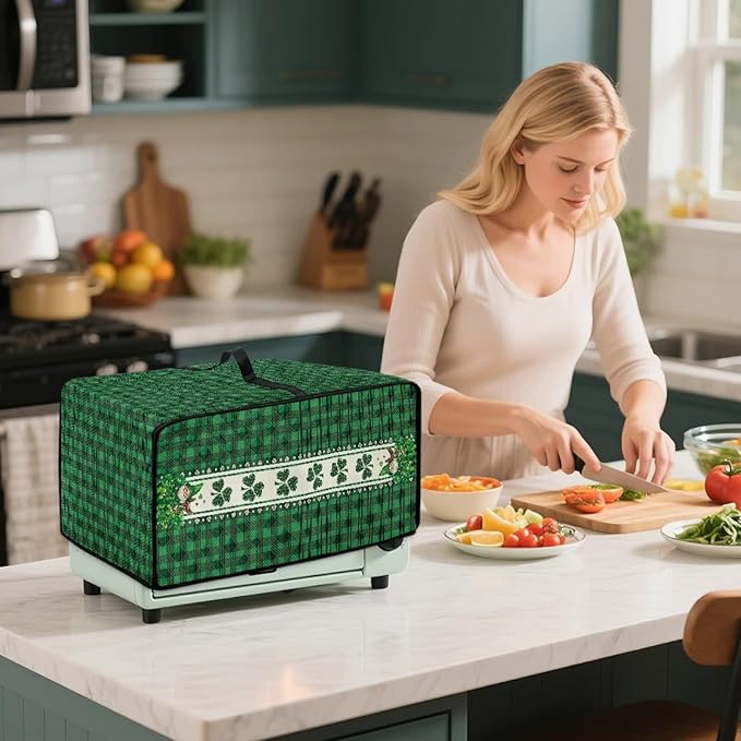 Shamrock Gnome Dog Print Toaster Oven Cover for St. Patrick's Day Decor, Checkered Pattern Microwave Cover for Kitchen Countertop Appliance Dust Protector Oven Accessories, Green, L
