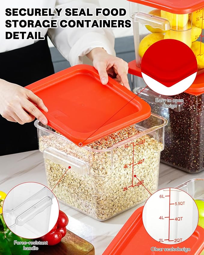 4QT NSF Food Storage Containers: 8 PCS [Food Grade][Hot&Cold Resistant] Commercial Clear Food Storage Containers with Lids for Restaurant Kitchen Proof Dough, Measuring Spoons Included(BPA FREE)