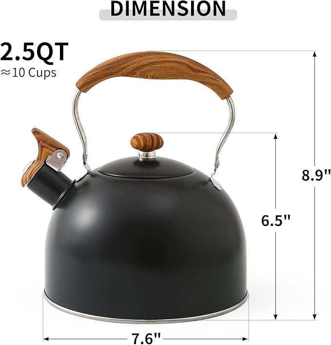 LONFFERY Tea Kettle for Stove Top, 2.5 Quart Whistling Tea Kettle, with Food Grade Stainless Steel and Wood Pattern Folding Handle, Black