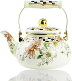 Floral Enamel Tea Kettle Bohemian Vintage Teapot Hot Water Coffee Kettle Pot 2.5L Porcelain Beige Colorful Rustic Tea Pot for Stovetop Hot Water Kitchen Decor