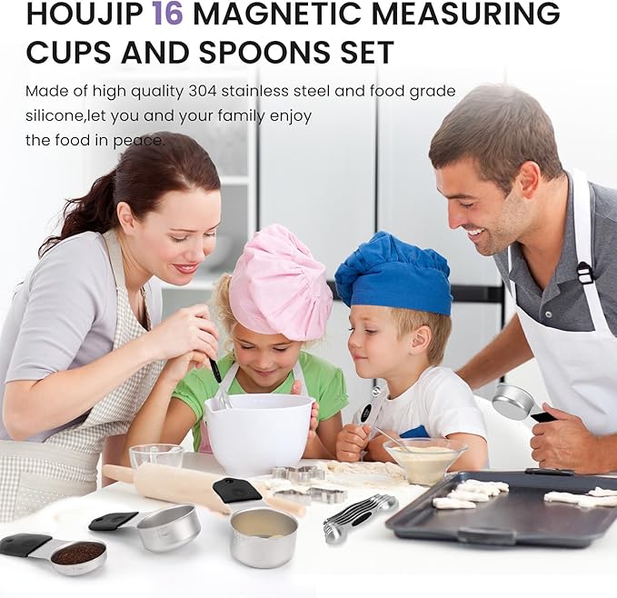 Magnetic Measuring Cups and Spoons Set-Heavy Duty 304 Stainless Steel，Double Measurement Markings，Set of 16 with Leveler for Measure Dry and Liquid Ingredients (Black)