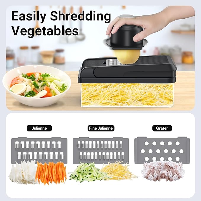 SpaceHacks 12-in-1 Vegetable Chopper, Kitchen Gadgets with 7 Blades, Veggie, Food, Onion Chopper, Cucumber Slicer, Versatile Mandoline, Includes Egg Separator & Finger Guard, Gray
