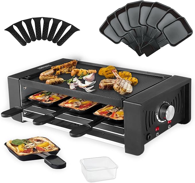 TAMARIT Raclette Party Grill Portable Indoor Electric Korean BBQ Grill 2 in 1 Raclette Table Griddle with Nonstick Coating Plate 4 Pizza Pans 8 Cheese Trays Upper and Lower Heater, PFAS-No