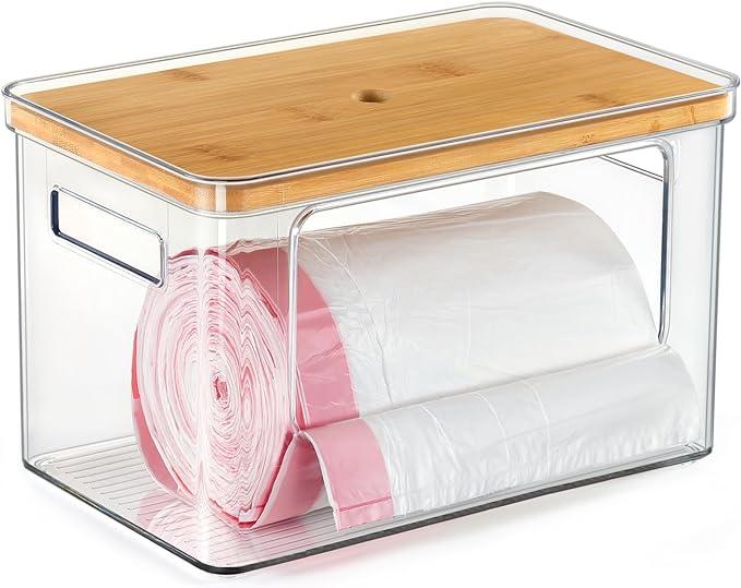 Hudgan Stackable Storage with Bamboo Top for Laundry Room Organization, Extra Large Trash Bag/Garbage Bag Dispenser, Under Sink Organizer, Pantry Organizers