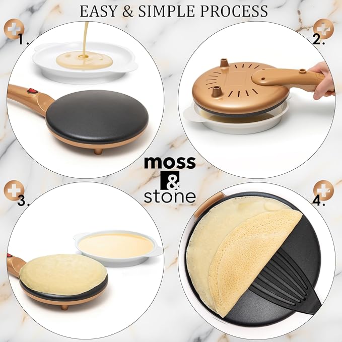 Moss & Stone Gold Electric Crepe Maker 8 Inch, Portable Crepe Maker & Hot Plate Cooktop On/Off Switch, Nonstick Coating, Automatic Temperature Control, Easy To Use For Pancakes, Blintz