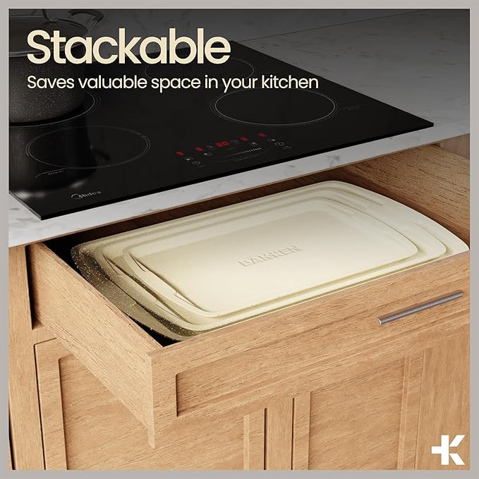 Bakken Swiss Cookie Sheet 3 Piece Set - Non-Stick, Stackable Baking Pans, White marble Deluxe Ceramic Coating – Dishwasher Safe - for Home Baking