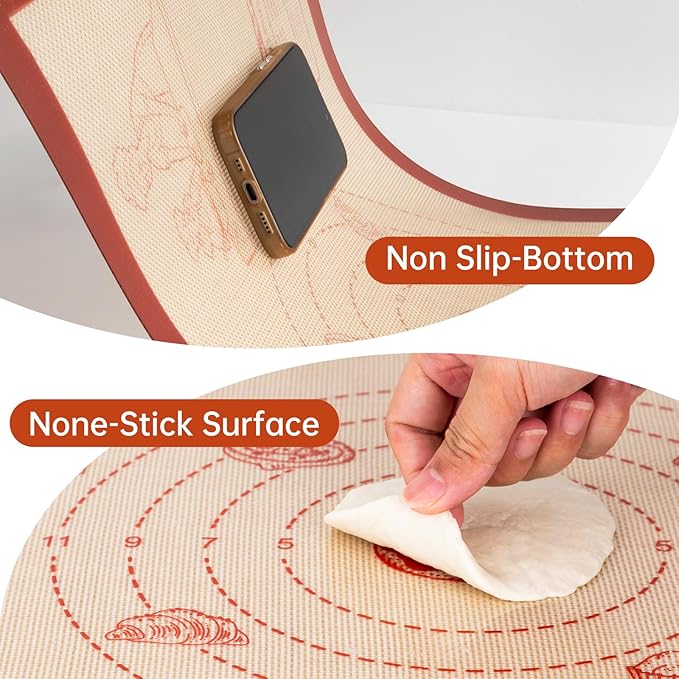 Silicone Baking Mat with Recipes, Extra Thick Silicone Mats for Baking, Non Stick Pastry Mat for Rolling Dough, Silicone Macaron Baking Mat for Cookie,Bread,Pizza,Fondant Mat, Oven&Dishwasher Safe