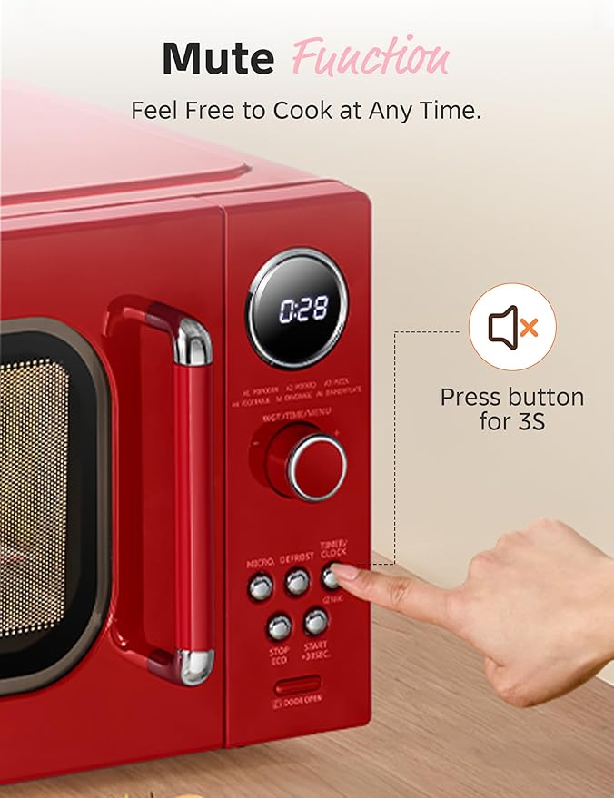COMFEE' Retro Microwave Oven, Small Microwave with 6 Auto Menus, 0.9 cu.ft Countertop Compact Microwave with Multi-stage Cooking, Mute Function, LED digital, Red/900W, CMO-MMP02AA(RD)