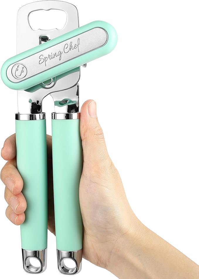 Spring Chef Stainless Steel Can Opener - Manual with Soft Grip Handles, Easy Turn, Heavy Duty Hand Can Opener for Seniors with Smooth Edge - Built-in Magnetic Lid Remover - Mint