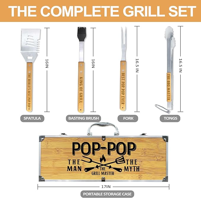 Pop Pop Gifts from Grandkids, Fathers Day Pop Pop Gifts Heavy Duty Wooden BBQ Grilling Accessories Kit for Backyard, Thick Stainless Steel Grill Utensils with Non-Slip Handle Tools in Portable Bag