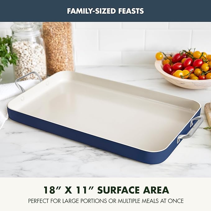 GreenPan 18" x 11" Double Burner Griddle Pan, Hard Anodized Healthy Ceramic Nonstick PFAS-Free, Stainless Steel Handles, Stovetop Cooking, Dishwasher Safe, Oven & Broiler Safe Cookware, Oxford Blue