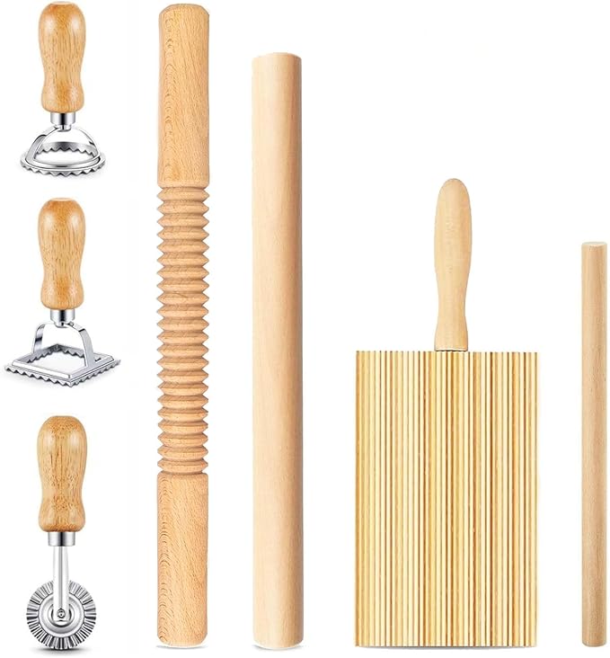 7 pcs Wood Gnocchi Pasta Making Tools Kit with Threaded Pasta Roller Pin Set,Gnocchi Board,Ravioli Stamps and Pasta Cutter.Noodle and Dumplings Maker, For Pasta Maker And Kitchen DIY Gift