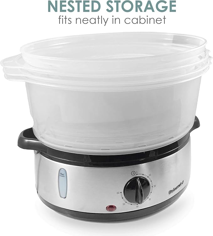 Elite Gourmet Maxi-Matic Electric Food Vegetable Steamer with BPA-Free 3 Tier Stackable, Nested Basket Trays, Auto Shut-off 60-min Timer, 800W, 9 Quart, Stainless Steel