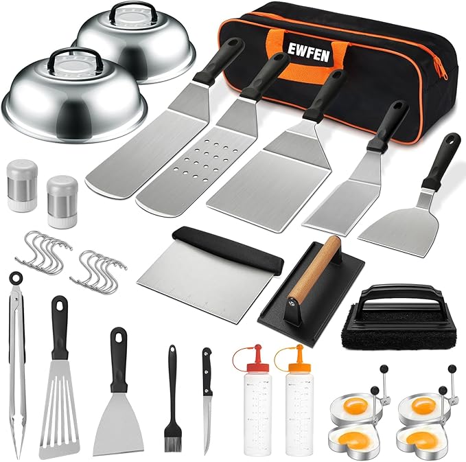 35PCS Griddle Accessories Kit, Flat Top Grill Accessories Set for Blackstone and Camp Chef, Grill Spatula Set with Enlarged Spatulas, Basting Cover, Scraper for Outdoor Barbecue