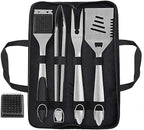 grilljoy 8PCS BBQ Grill Tools Set with Extra Thick Stainless Steel Spatula, Fork, Tongs & Cleaning Brush - Complete Barbecue Accessories Kit with Portable Bag - Perfect Grill Gifts for Men Black
