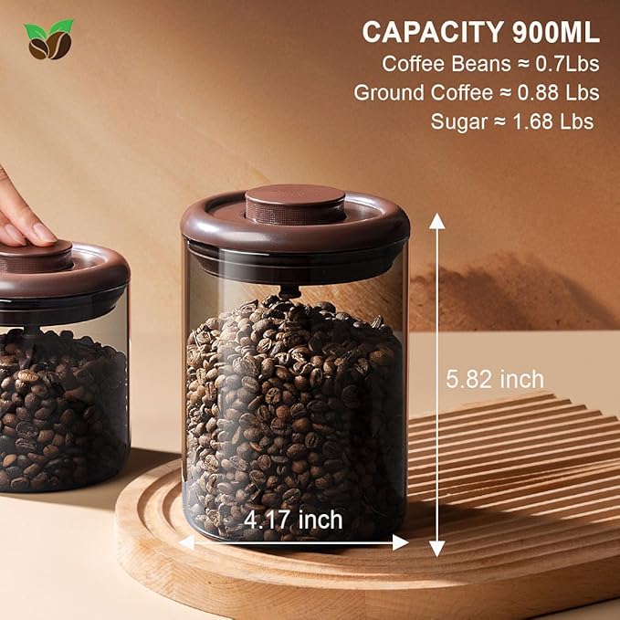 Ankou Glass Coffee Canister 900ml x 2 Jar, Airtight Food Storage Container with Pop Lid, Kitchen High Borosilicate Glass Contianers For Tea Coffee Bean Sugar