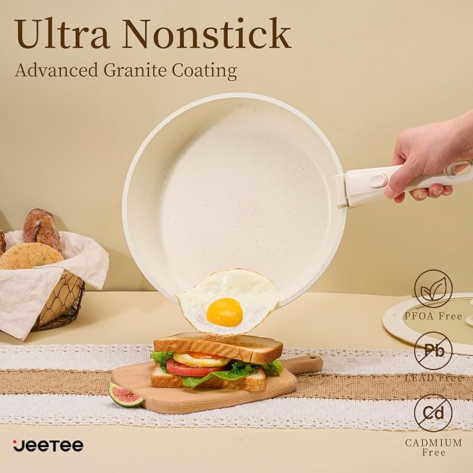 JEETEE Pots and Pans Set Non Stick 19pcs, Kitchen Cookware Sets with Detachable Handle, Induction Nonstick Cookware Set with Removable Handle, Stackable RV Cookware, Oven Safe, PFOA Free, Beige