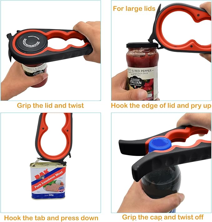 Otstar Jar Opener Bottle Opener and Can Opener for Weak hands, Seniors with Arthritis and Anyone with Low Strength, Mutil Jar Opener Get Lids Off Easily (Black and Red)