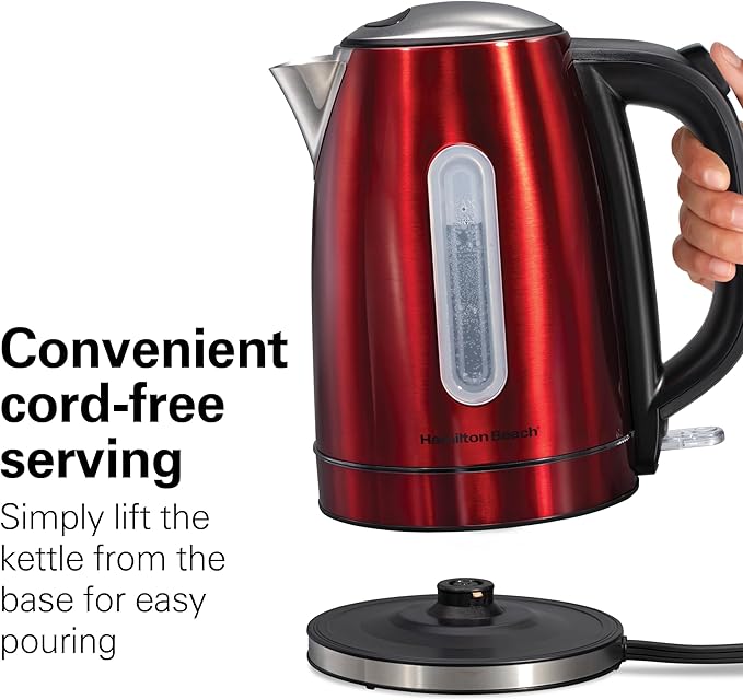 Hamilton Beach Electric Tea Kettle, Water Boiler & Heater, 1.7 Liter, Cordless Serving, 1500 Watts for Fast Boiling, Auto-Shutoff and Boil-Dry Protection, Red with LED Light Ring (41060)