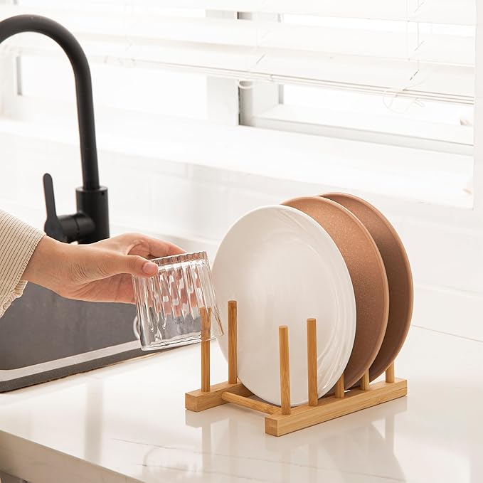 HBlife Bamboo Dish Plate Bowl Cup Book Pot Lid Cutting Board Drying Rack Stand Drainer Storage Holder Organizer Kitchen Cabinet（Keep Dry）