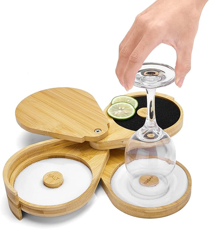 Margarita Salt Rimmer Set,1 Pack 3 Tier Bar Glass Rimmer Bamboo Wood Sugar Salt Box with Sponge,Bartender Tool for Cocktail and Margarita