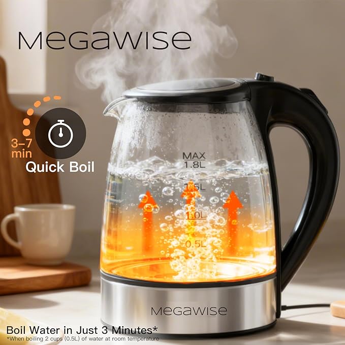 MEGAWISE 1.8L Healthy Electric Kettle, 1800W Borosilicate Glass Tea Kettle with Food Grade Material, Auto Shut-Off and Boil-Dry Protection Cordless Kettle Fast Boiling, BPA Free