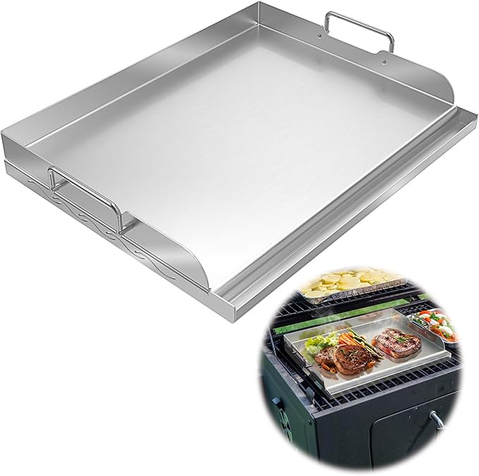 Universal Stainless Steel Griddle Flat Top Plate with Even Heating Bracing for BBQ Charcoal and Gas Grills, Camping, Tailgating, and Parties,with Grease Groove and Removable Handles (17" x 13")