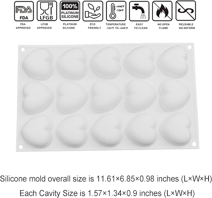 OCPO KITCHEN Mini Heart Silicone Molds for Baking Mousse Cake, Candy, Chocolate, Pastry, Truffle, Cupcake, Jelly, Cookie, Pudding, Cake Decoration Mold, 3D Heart Shape (15-Cavity)