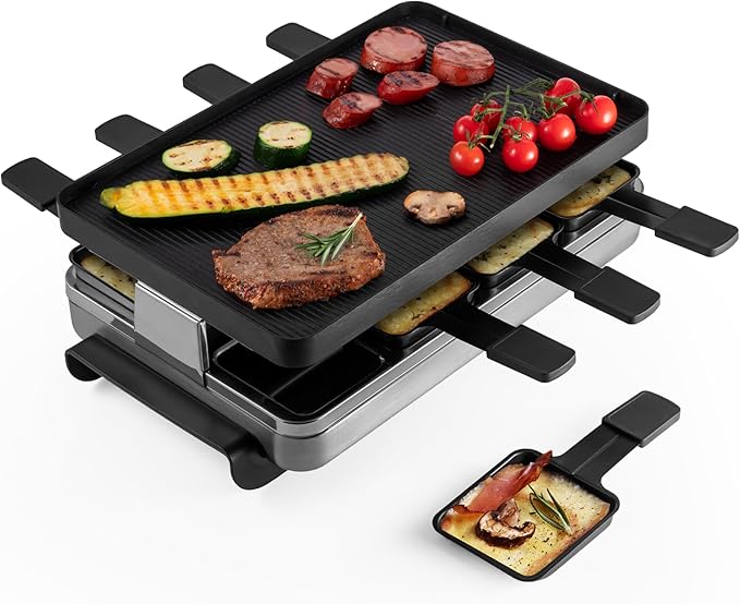 Swissmar Classic Raclette Party Grill with Reversible Cast Aluminum Non-Stick Grill Plate/Crepe Top, Outdoor & Indoor Electric BBQ Grill, Samgyupsal Griller - Brushed Stainless Steel - 8-Person