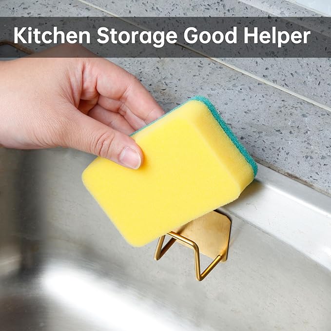 2Pcs Adhesive Sponge Holder for Kitchen Sink Essentials, Stainless Steel Dish Soap Holder, Rustproof and Waterproof, Quick Drying, Minimal Size Saves Space, Gold