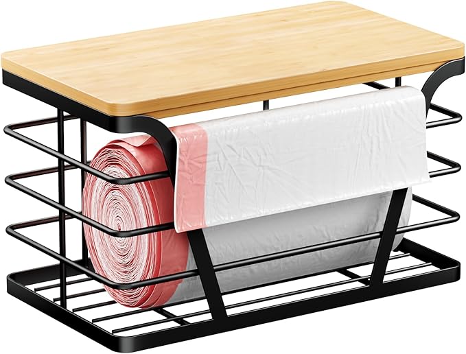 Small Grocery Bag Holder, Trash bag holder with Removable Bamboo Top, Wall Mount, No Drill, Stainless Steel, Black